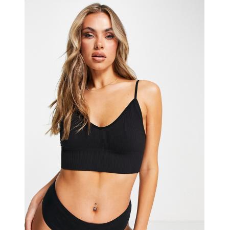 Only Geribbelde naadloze bralette met bandjes in zwart