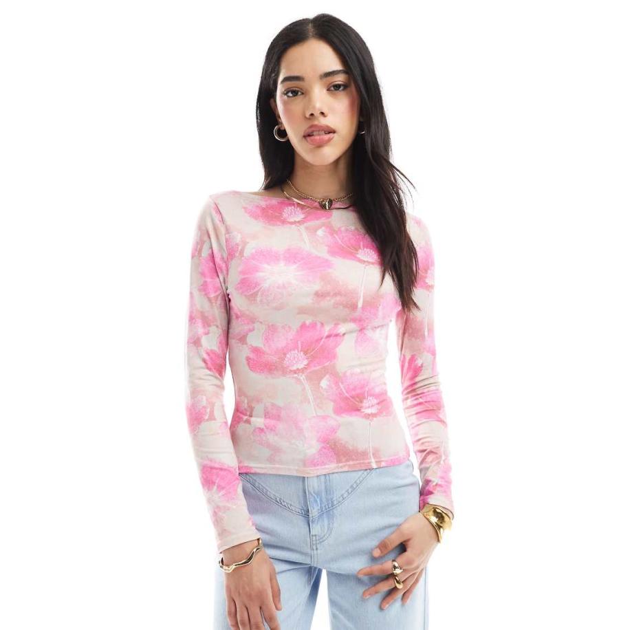 Miss Selfridge Jersey top in roze met abstracte bloemenprint-Veelkleurig Multicolor