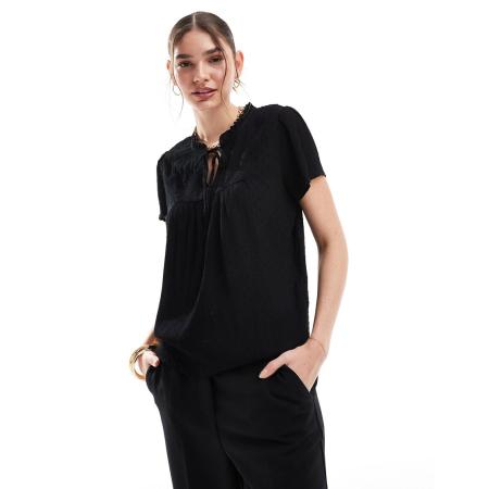 JDY Blouse met strik aan de hals en broderie in zwart