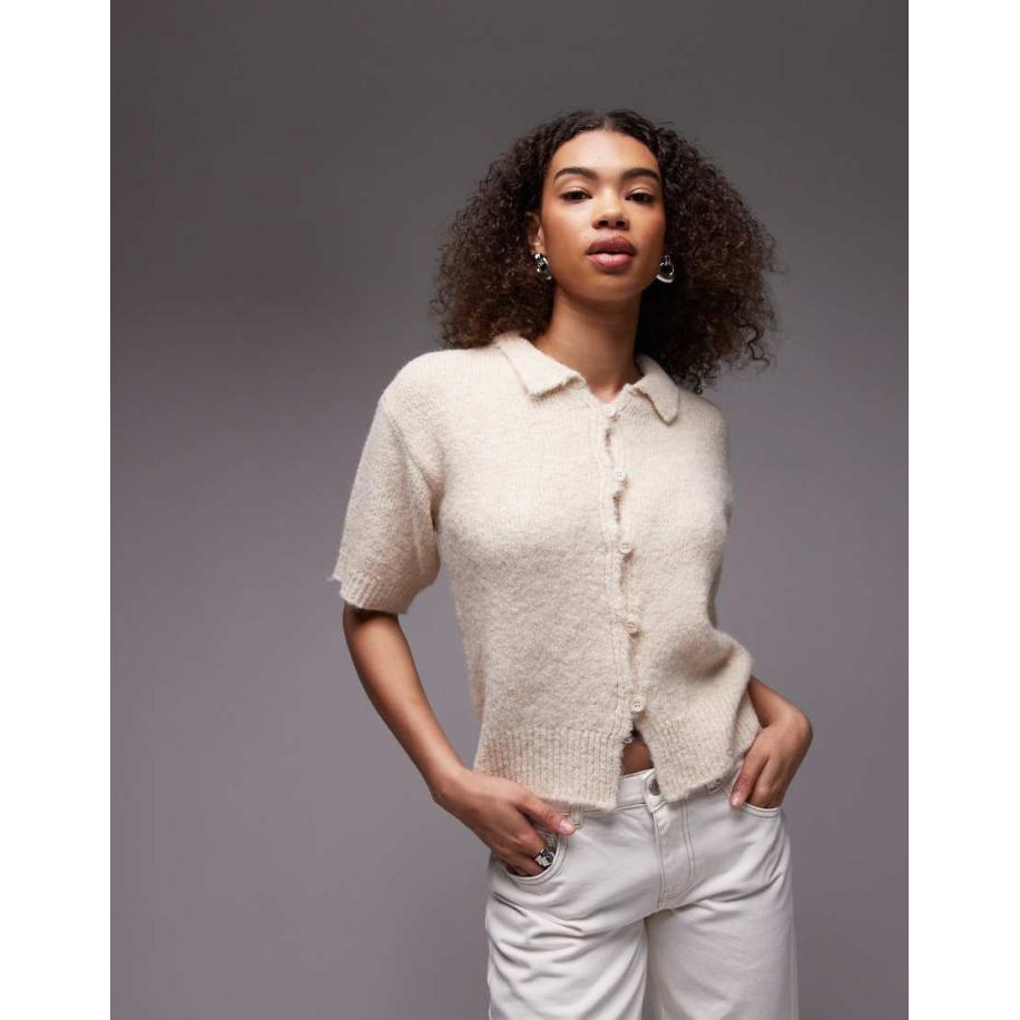 Topshop Gebreid overhemd met wollook en knopen in ecru-Wit Wit