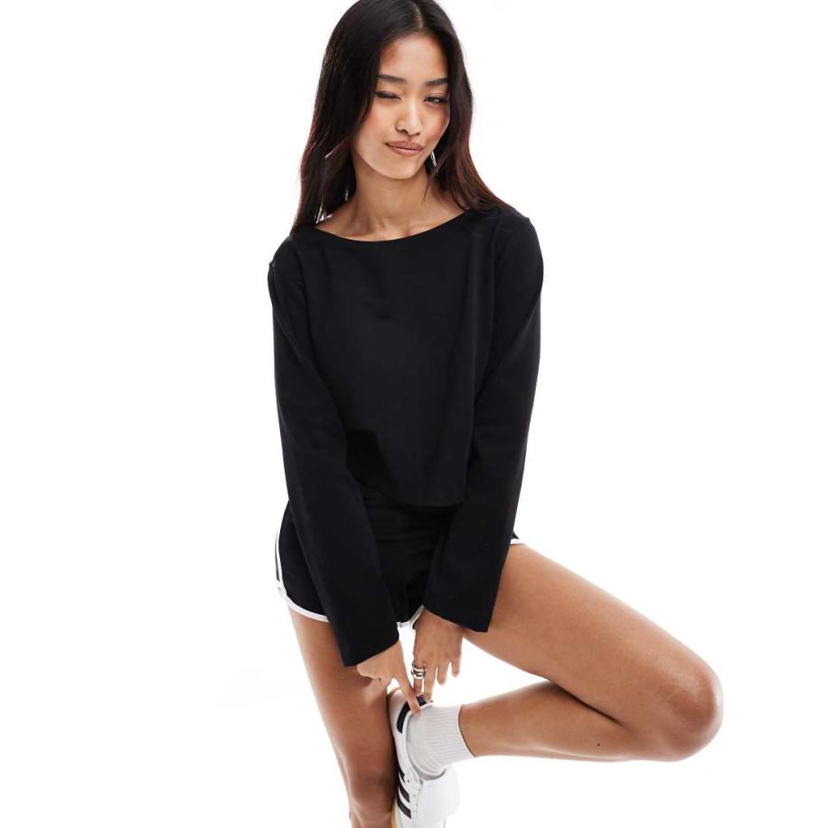 Cotton On Crop top met lange mouwen en boothals in zwart Zwart