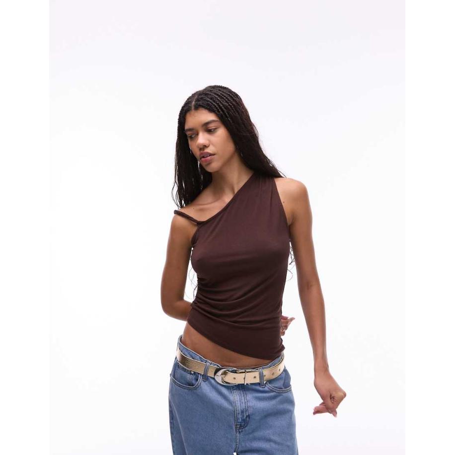Topshop Asymmetrische jersey top met gedraaid detail in bruin Bruin
