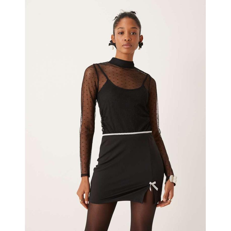 New Look Top van mesh met hoge hals en lange mouwen in zwart Zwart