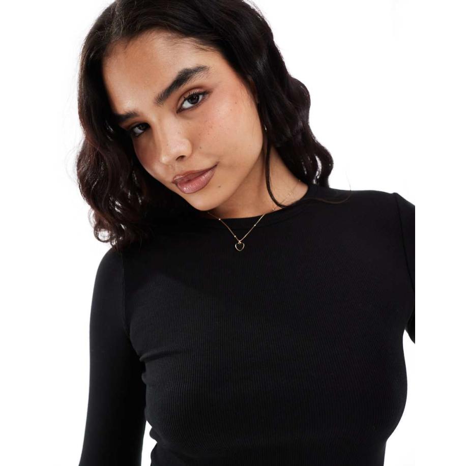 Stradivarius Geribbelde top met ronde hals en lange mouwen in zwart Zwart