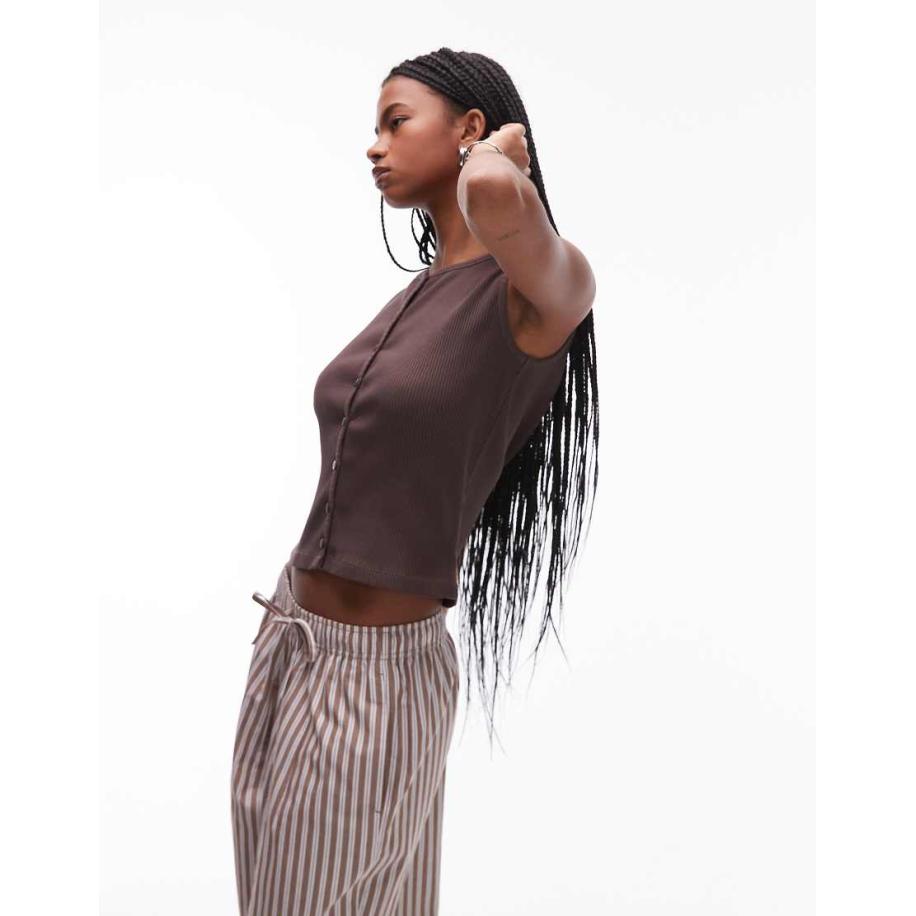 Topshop Jersey top met knopen en ronde hals in chocoladebruin Bruin
