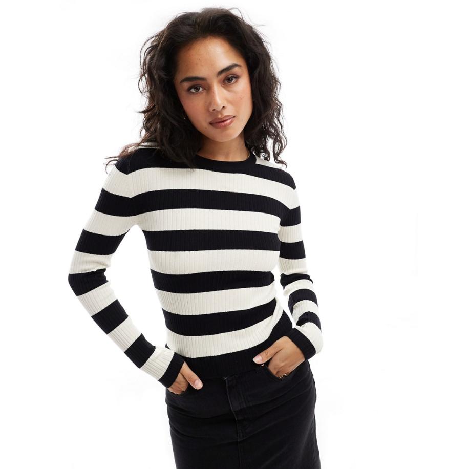 JDY Gestreepte trui met ronde hals in zwart en wit Zwart