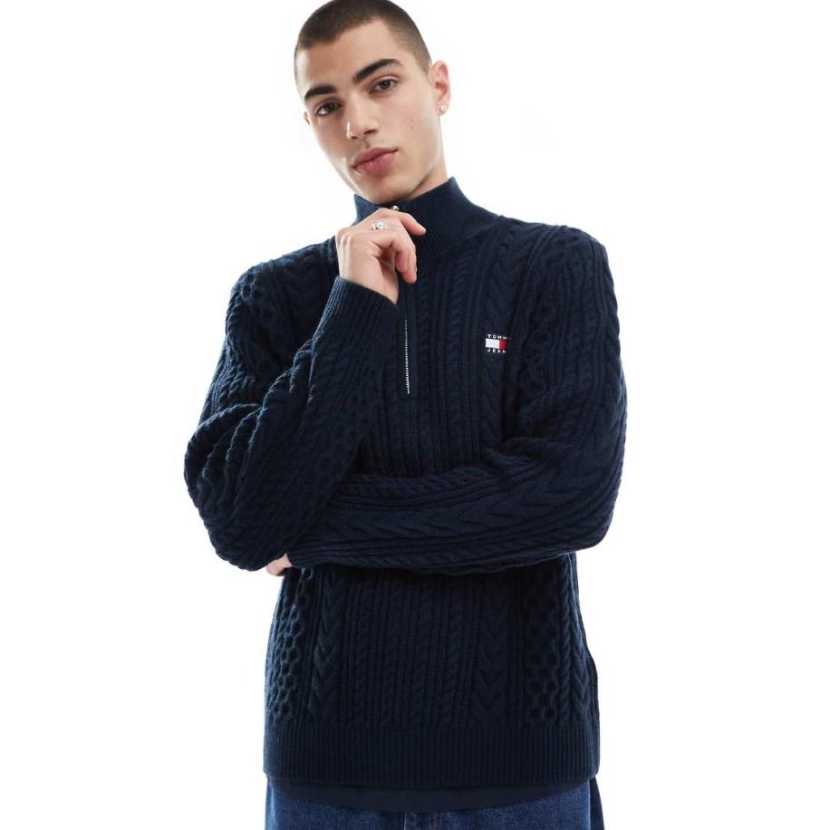Tommy Jeans - Gebreide trui met kabels en 1/4 rits in marineblauw Blauw