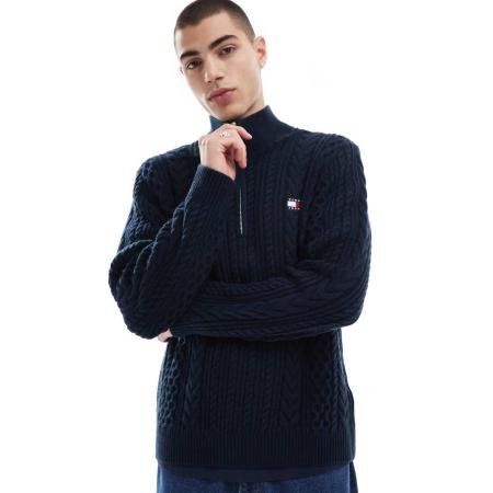 Tommy Jeans - Gebreide trui met kabels en 1/4 rits in marineblauw