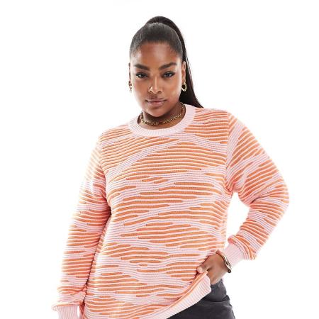 ONLY Curve Trui met textuur in roze en oranje print