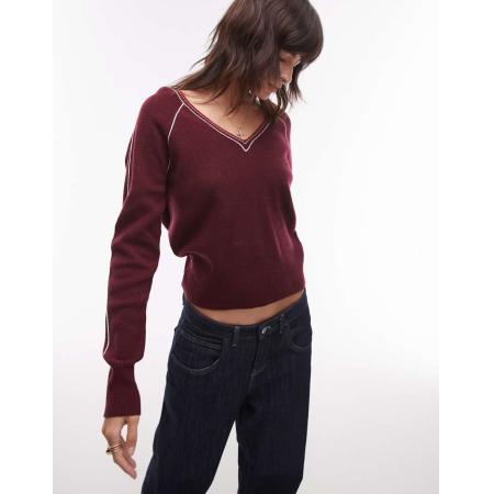 Burton Trui met V-hals en gekleurde streepjes in bordeauxrood