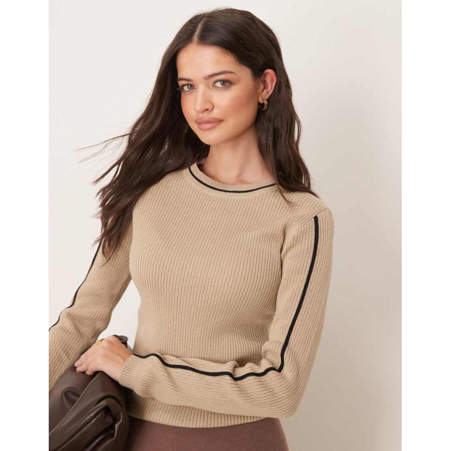 JDY Ribgebreide trui met contrasterende details in beige-Neutraal Multicolor