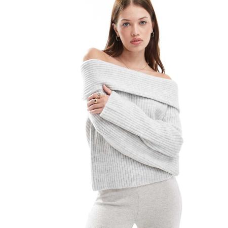 New Look Geribbelde bardot-trui in grijs