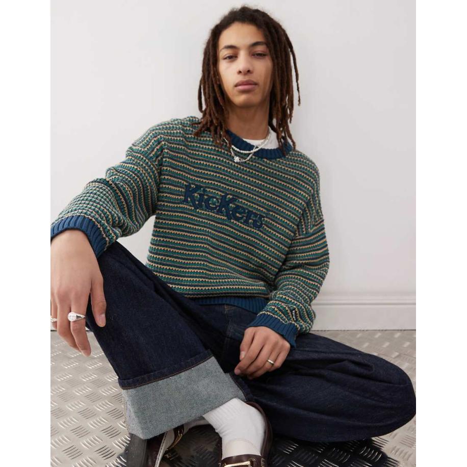 Kickers - Rechte gebreide trui met logo en strepen in marineblauw-Veelkleurig Multicolor