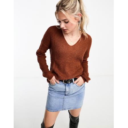 JDY Lichtgewicht trui met v-hals in roest-Kastanjebruin