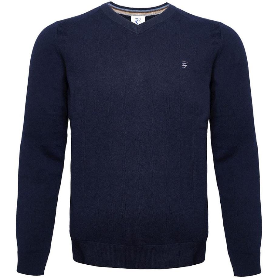 R2 Trui V-Hals Merinowol Navy Blauw