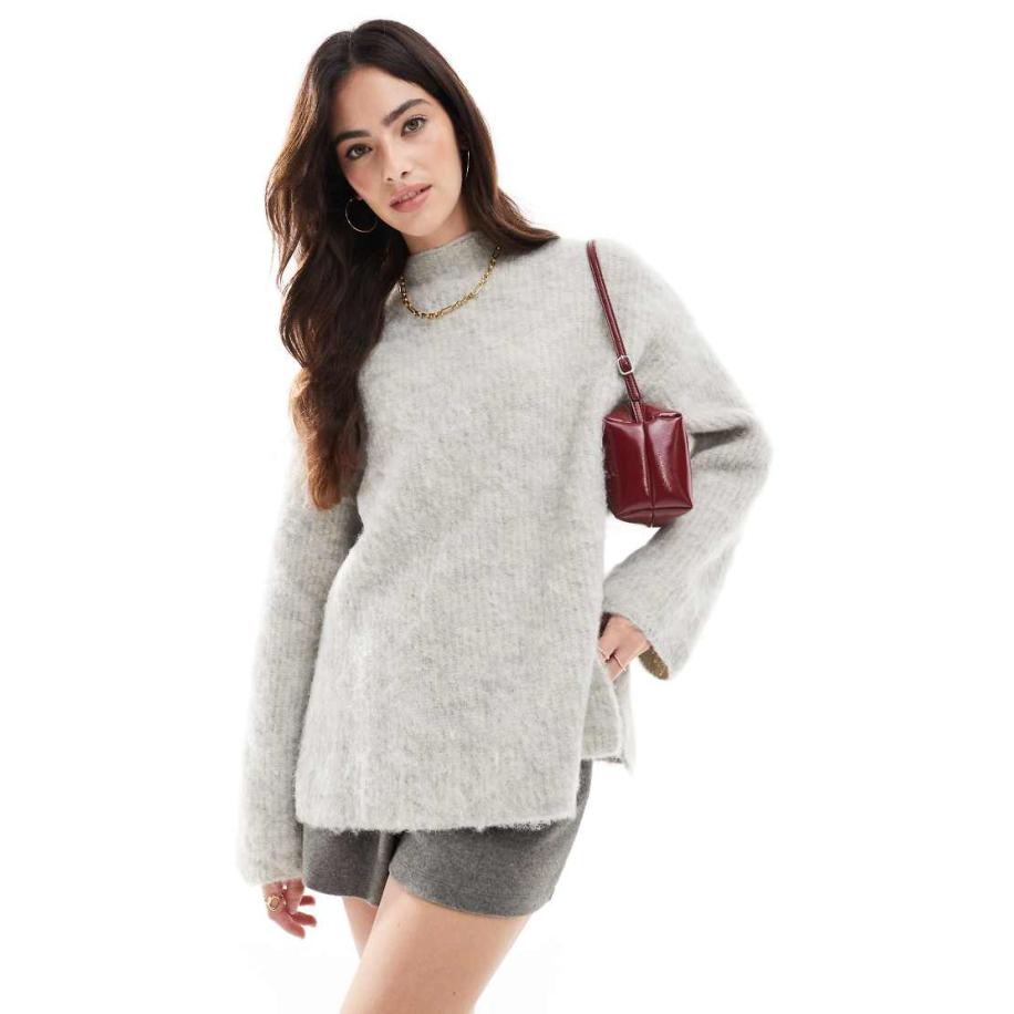 Pieces Premium Pluizig gebreide trui met lange pasvorm en brede manchetten in gemêleerd lichtgrijs Grijs