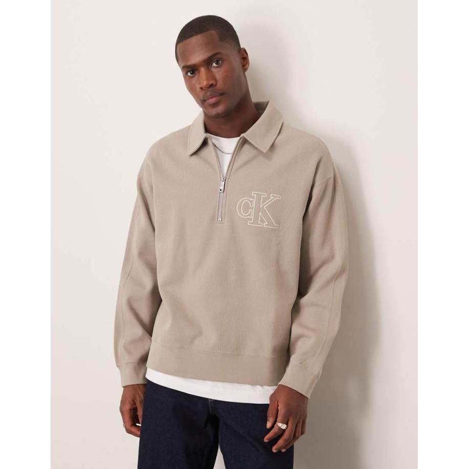 Calvin Klein Jeans - Trui met kraag en logo in kaki-Groen Groen