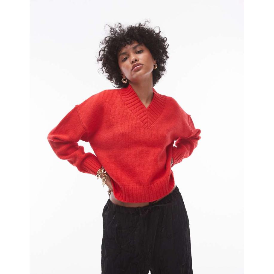 Topshop Gebreide trui met hoge V-hals in rood Rood