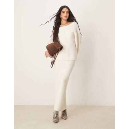 Gina Tricot Gebreide grofgeribbelde sweater met strik aan de achterkant in crème, deel van co-ord set-Wit