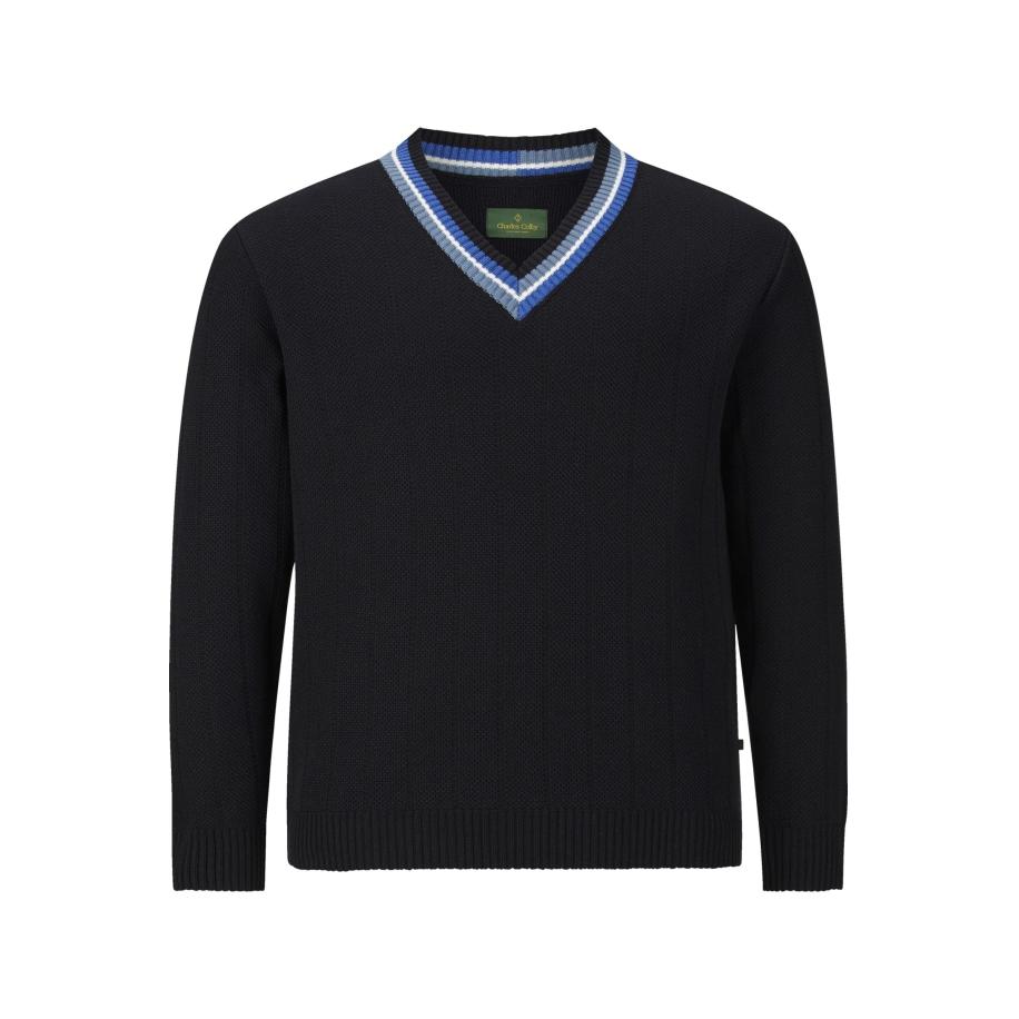 Charles Colby Gebreide trui V-halsdonkerblauw, Effen Blauw