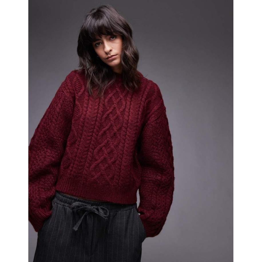 Topshop Gebreide oversized trui met kabel en gebogen mouwen in bordeauxrood Rood