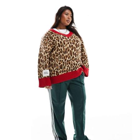 Renee Studio x Holly Wynne Plus Exclusive Trui met lange pasvorm, V-hals en contrasterende rand in luipaardprint-Veelkleurig