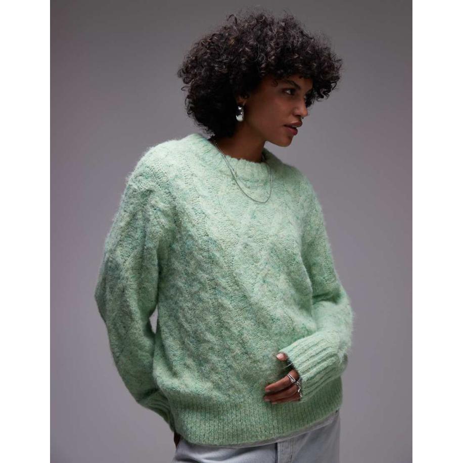 Topshop Pluizig gebreide ruimvallende trui met kabels en ronde hals in lichtgroen Groen