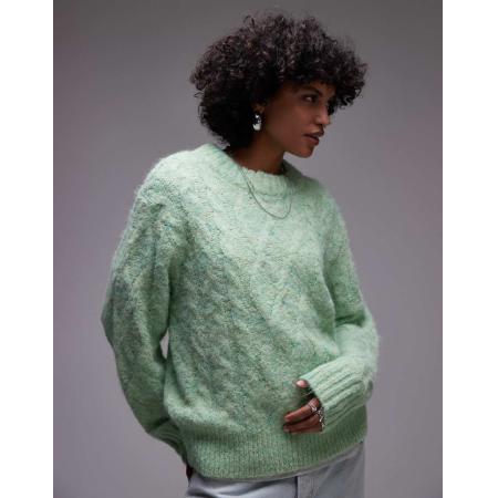 Topshop Pluizig gebreide ruimvallende trui met kabels en ronde hals in lichtgroen