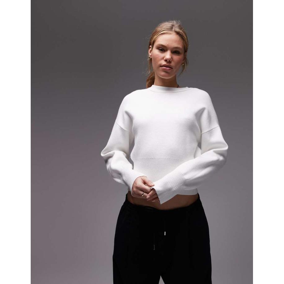 Topshop Compact gebreide getailleerde trui in ivoorwit Wit