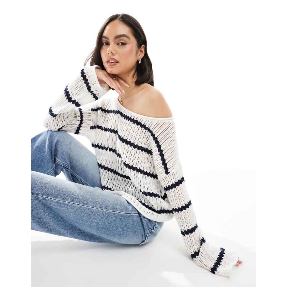 Hollister Gehaakte cropped trui met strepen en blote schouders in marineblauw Blauw