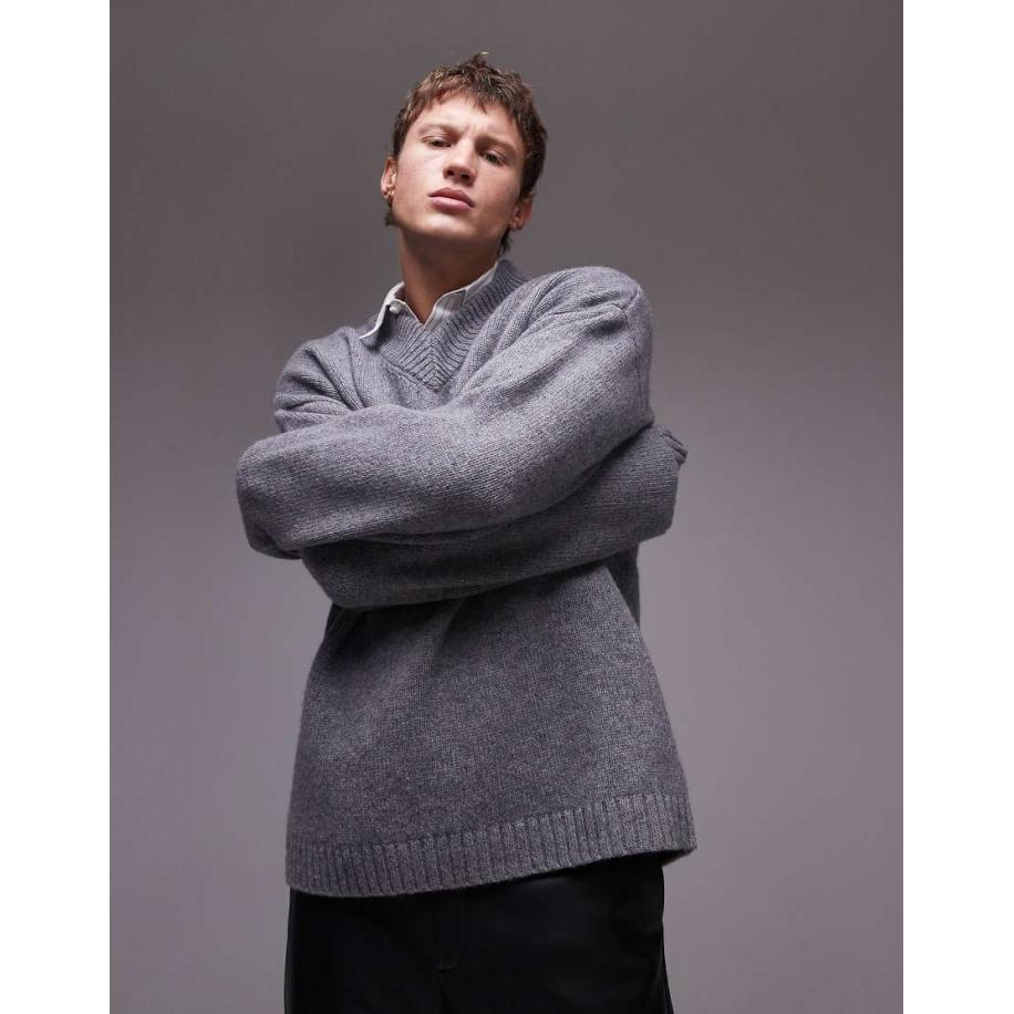 Topman - Premium - Ruimvallende trui van lamswol met V-hals-Grijs Grijs