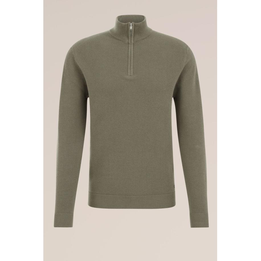 WE Fashion Heren Regular fit trui met rits - Regular fit - Legergroen - Katoen - Maat: S Groen