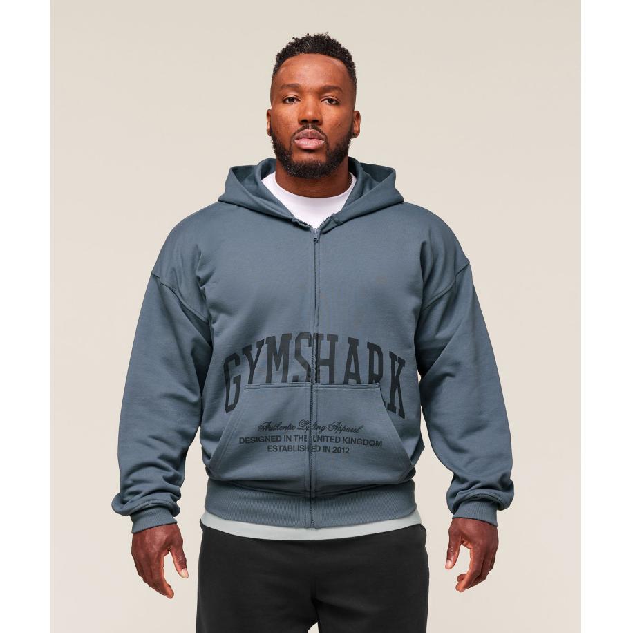 Gymshark Collegiate Script Zip Up Hoodie Iron Blue Blauw