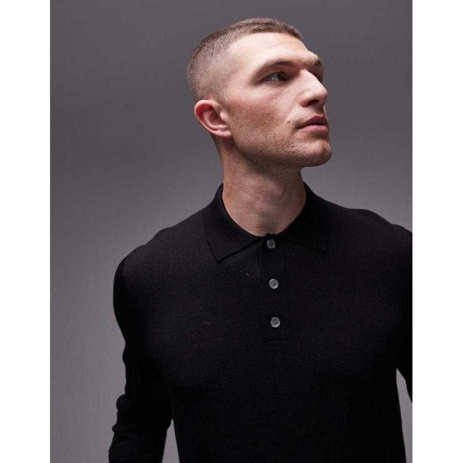 ARKET - Gebreid poloshirt van merinowol met lange mouwen in zwart Zwart