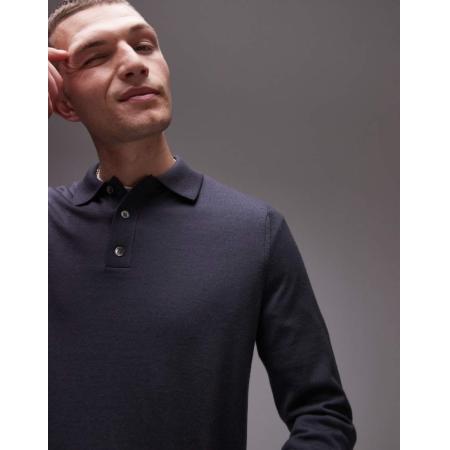 ARKET - Gebreid poloshirt van merinowol met lange mouwen in petrolblauw-Grijs