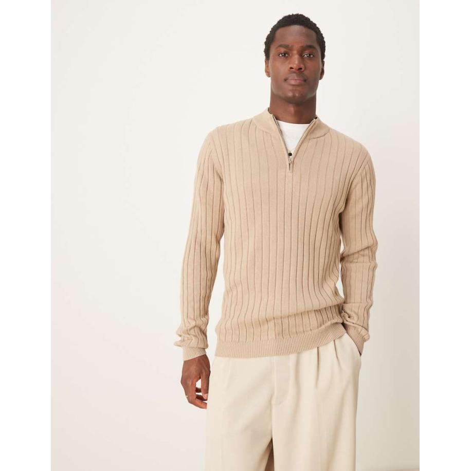 ASOS DESIGN - Essentials - Muscle fit ribgebreide trui met korte rits in taupe-Neutraal Multicolor