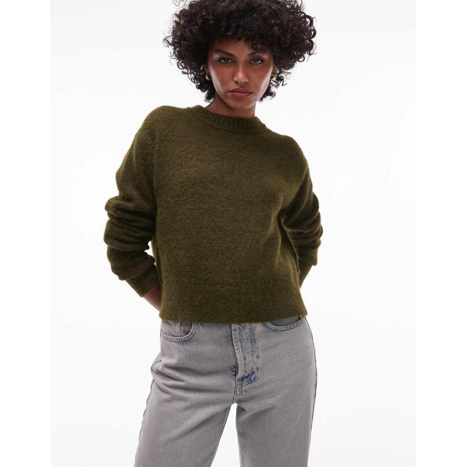 Topshop Gebreide trui met raglanmouwen, ronde hals en zichtbare naden in kaki-Groen Groen