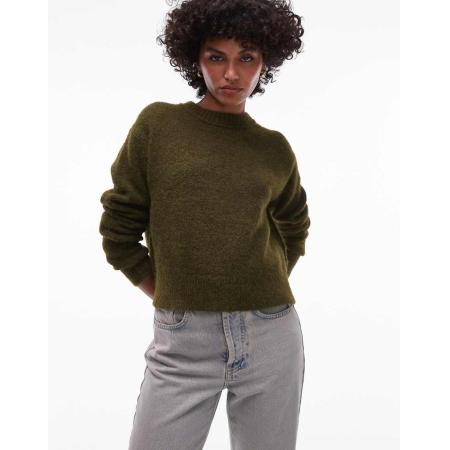 Topshop Gebreide trui met raglanmouwen, ronde hals en zichtbare naden in kaki-Groen