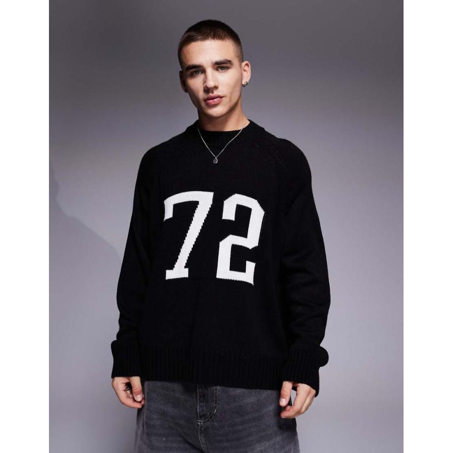 ASOS DESIGN - Super oversized, rechte gebreide trui met ronde hals en getal in jaren 90 stijl in zwart Zwart