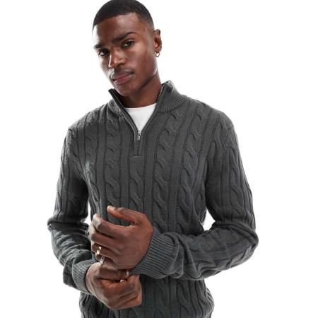 New Look - Smalle kabeltrui met 1/4 rits in donkergrijs