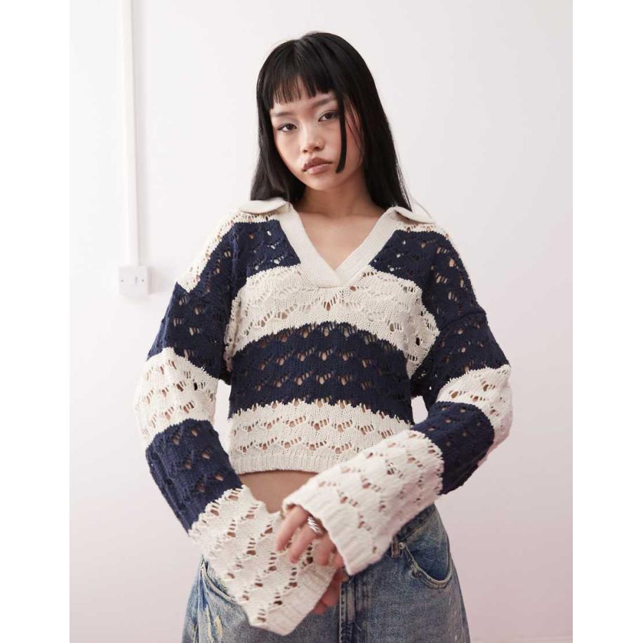 Monki Gebreide polo met open steken in zwart en beige-Neutraal Multicolor