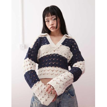 Monki Gebreide polo met open steken in zwart en beige-Neutraal