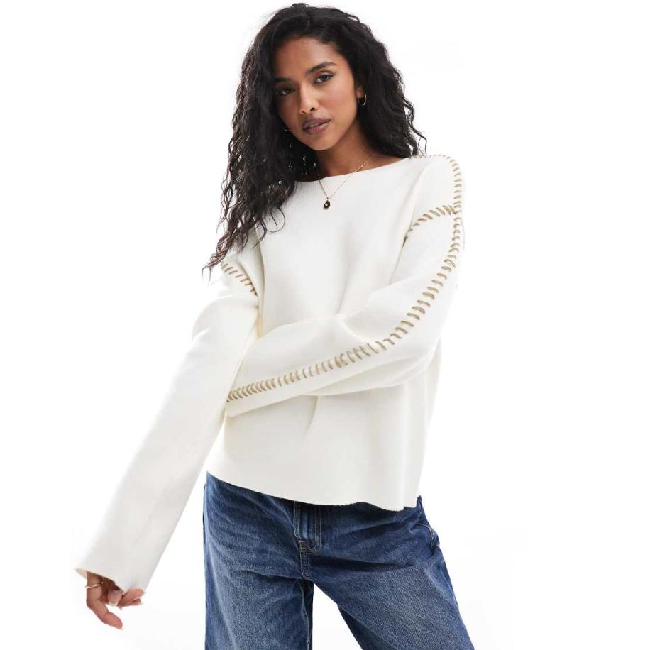 YAS Trui met contrasterende stiksels in crème-Wit Wit