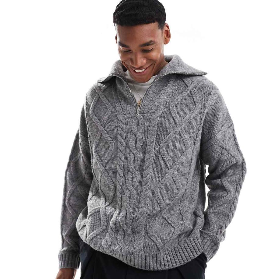 ASOS DESIGN - Oversized gebreide trui van zware wolmix met kabels en korte rits in grijs Grijs