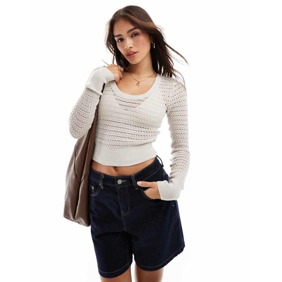 Hollister Gebreide top met lage ronde hals en lange mouwen in grijs Grijs