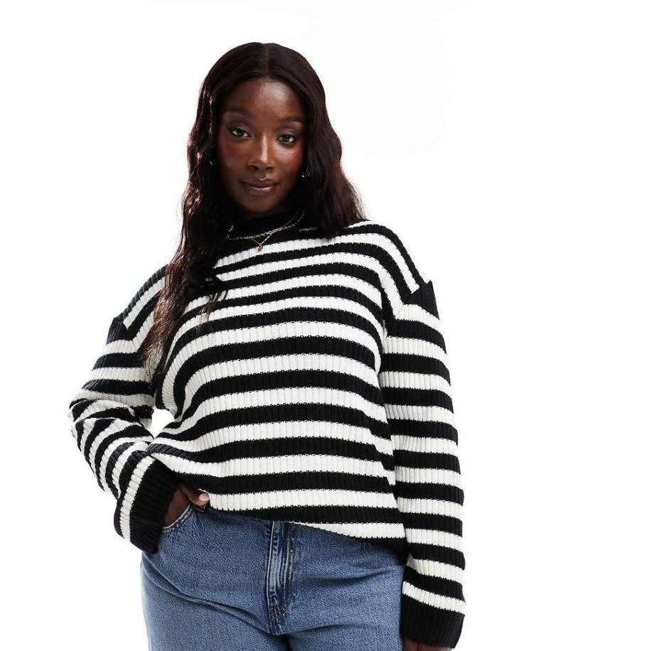 Threadbare Plus Hoogsluitende oversized trui met zwart-witte strepen Zwart