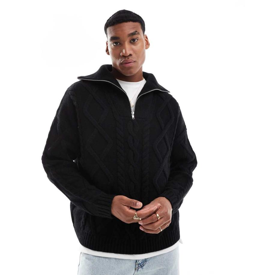 ASOS DESIGN - Oversized gebreide trui van zware wolmix met kabels en korte rits in zwart Zwart
