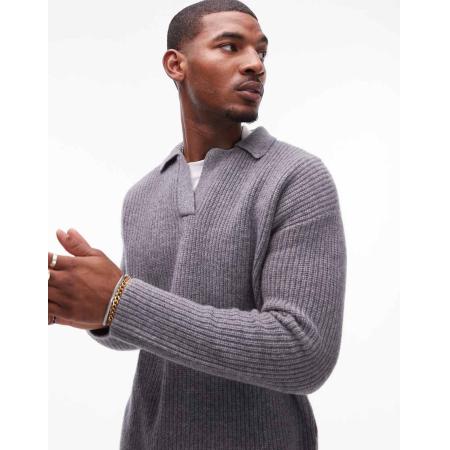 Topman - Premium - Ruimvallende lamswollen trui met open kraag in grijs