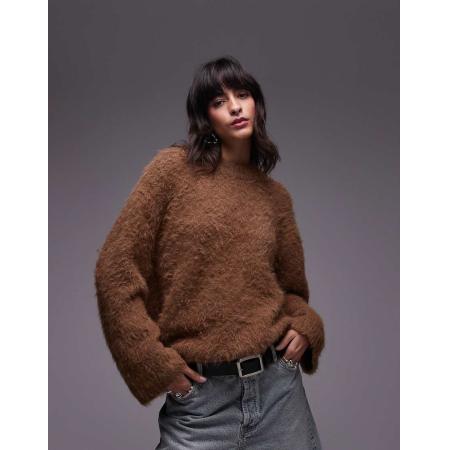 Topshop Gebreide ultra pluizige oversized trui in toffee-Bruin