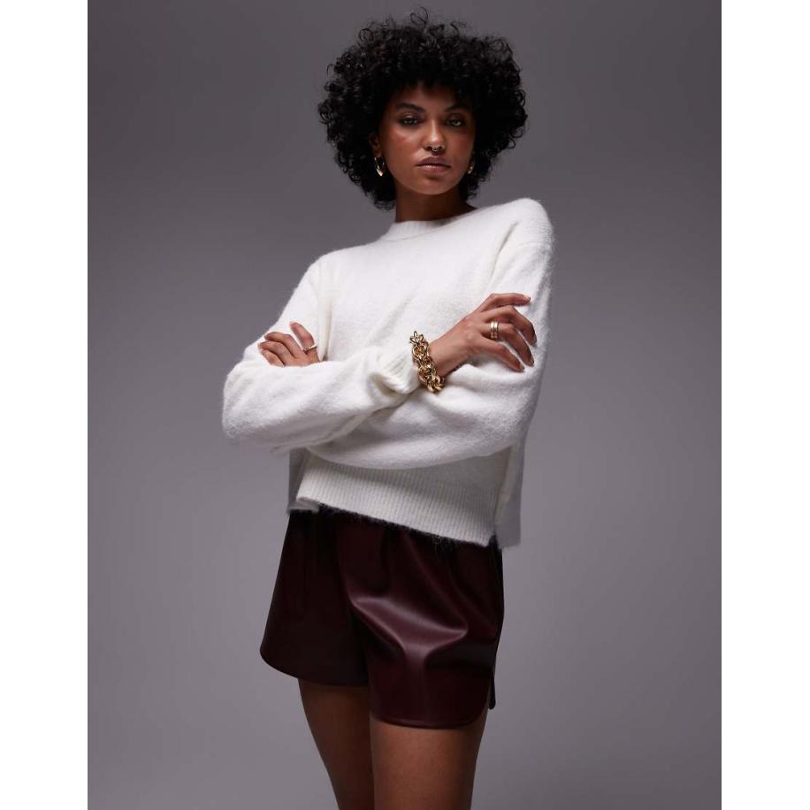 Topshop Gebreide trui met raglanmouwen, ronde hals en zichtbare naden in ivoor-Wit Wit